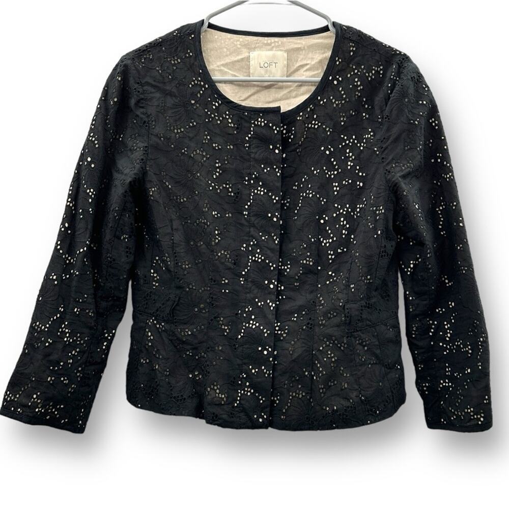 Ann Taylor Loft Black Eyelet Lace 3/4 Sleeve Button Front Jacket Sz S